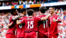 Cristiano Ronaldo bersama rekan-rekan Timnas Portugal merayakan gol dalam kemenangan telak 5-0 atas Uzbekistan pada Piala Dunia 2026